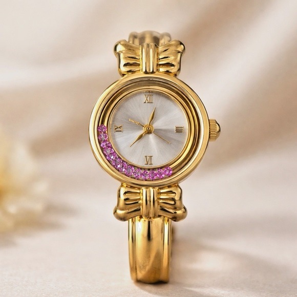 Source Unknown Accessories - GoldTone Bracelet Watch Floating Lavender-pink Rhinestone Bezel Japan Quartz Y2K
